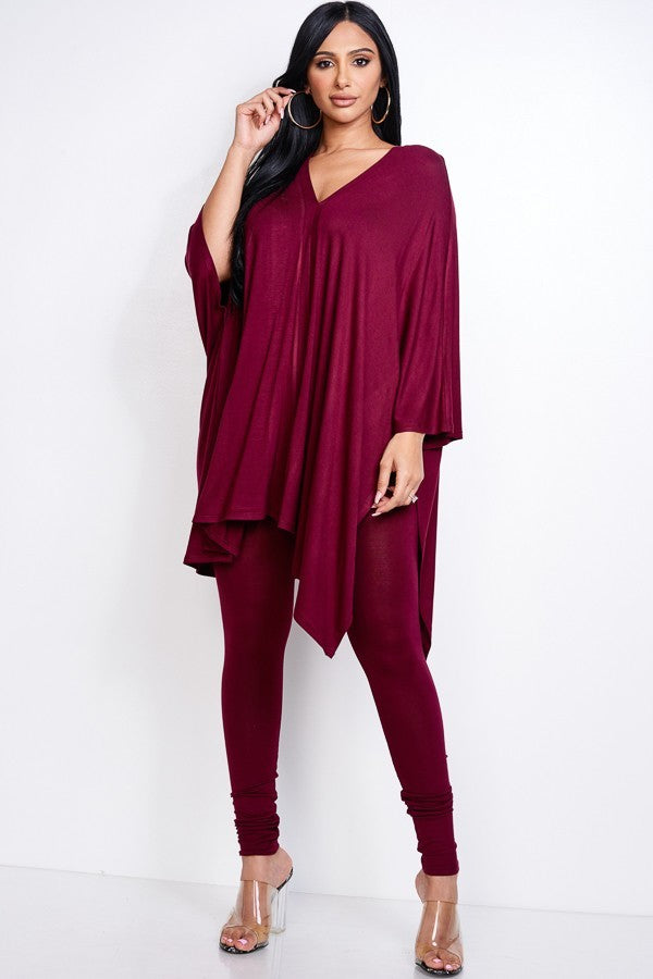 Solid Heavy Rayon Spandex Long Sleeve Crossed Over Long Top And Leggings 2  Piece Set – coradomoda