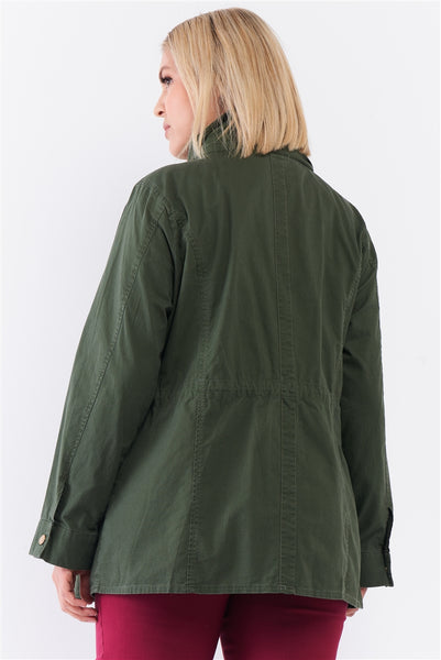 Plus Olive Cotton Front Zip-up & Button Down Detachable Hood Detail Utility Jacket