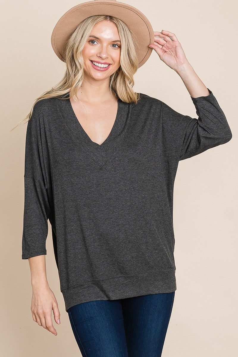 Solid Rib Modal Casual 3/4 Sleeves Dolman Sleeves Top