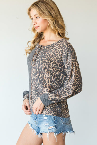 Unique Leopard Color Block Long Sleeve Top