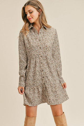 Corduroy Printed Button Down Front Collar Long Sleeve Dress