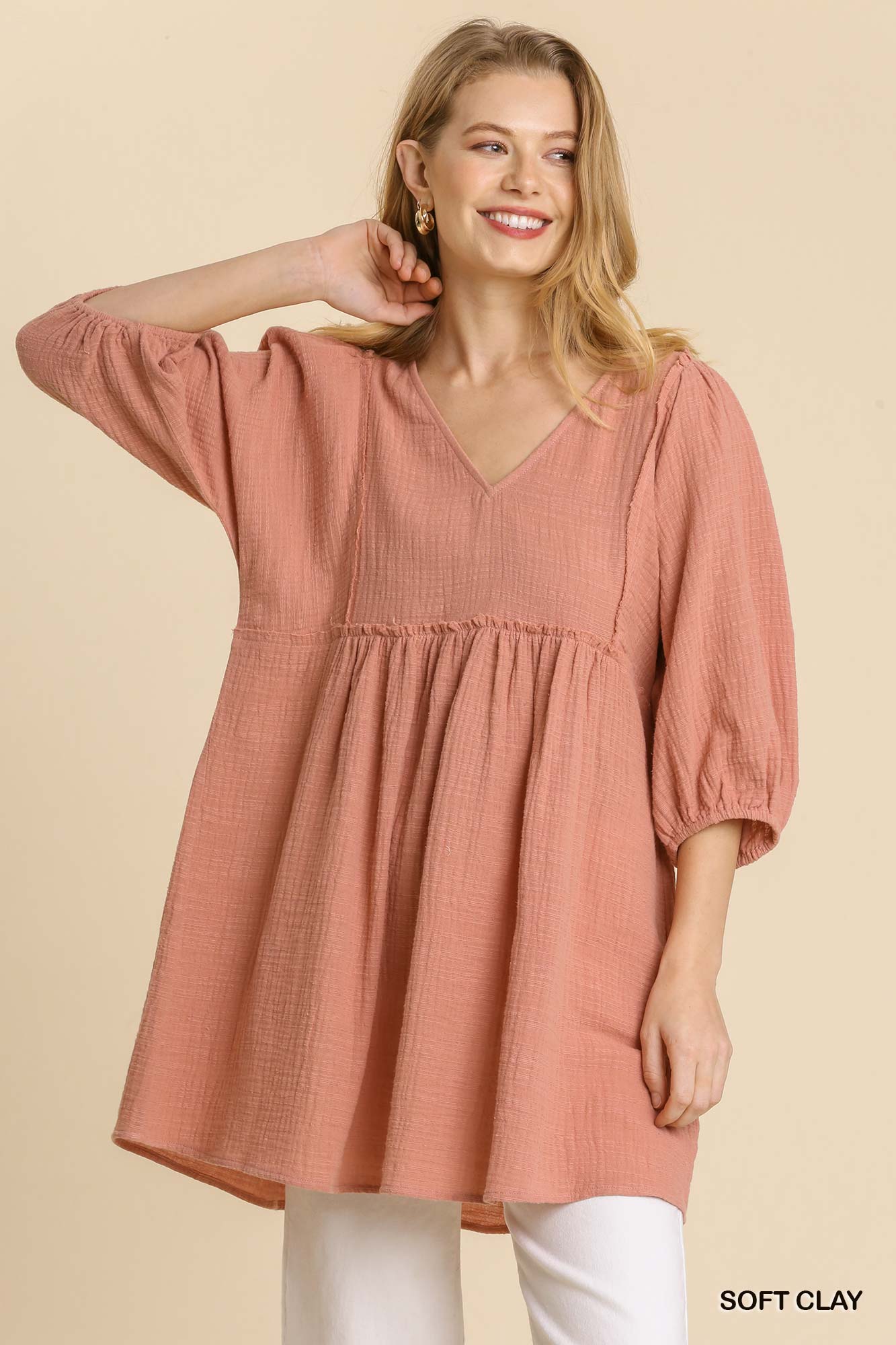 Gauze Slub V-neck Frayed Edge Detail Tunic Dress